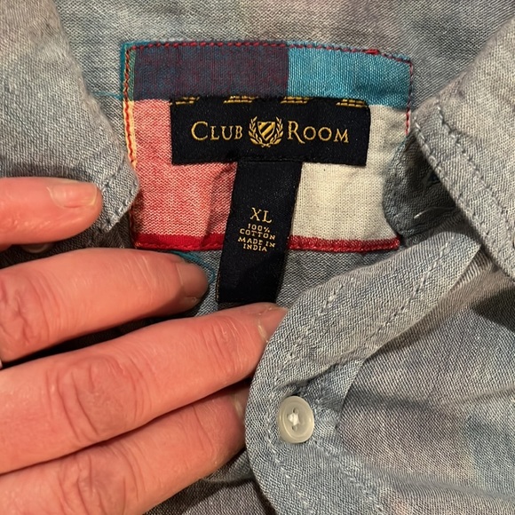 Club Room  size XL blue denim button down with roll tab button fun check lined - Picture 10 of 15